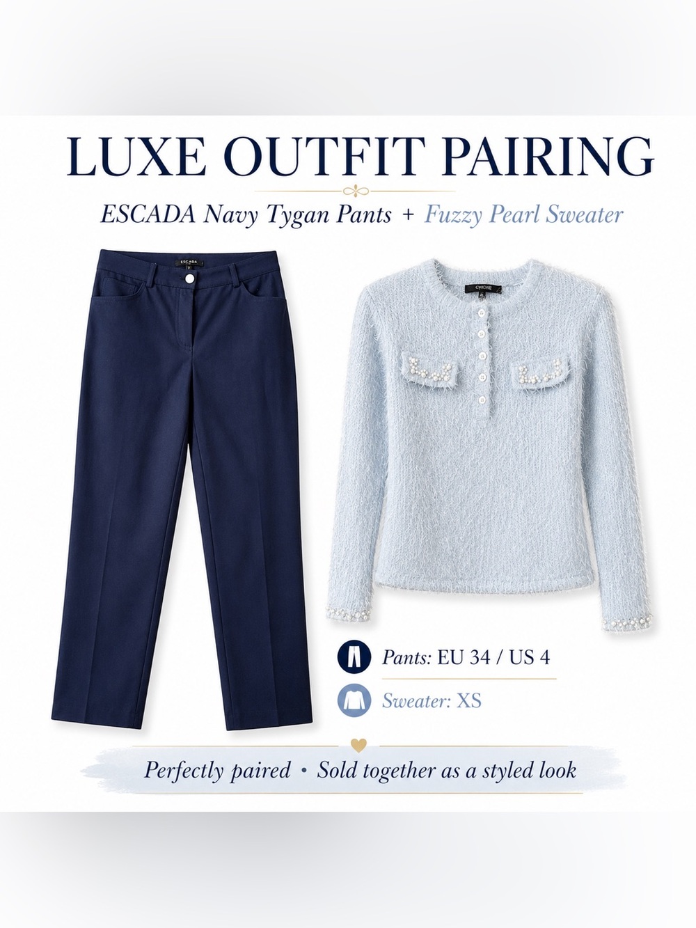 💎 ESCADA Tygan Pants + Pearl Fuzzy Sweater Luxury Outfit Set XS/4 🩵